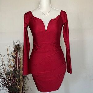 WOMENS RED LONG SLEEVE OFF THE SHOULDER MINI SATIN DRESS VALENTINES